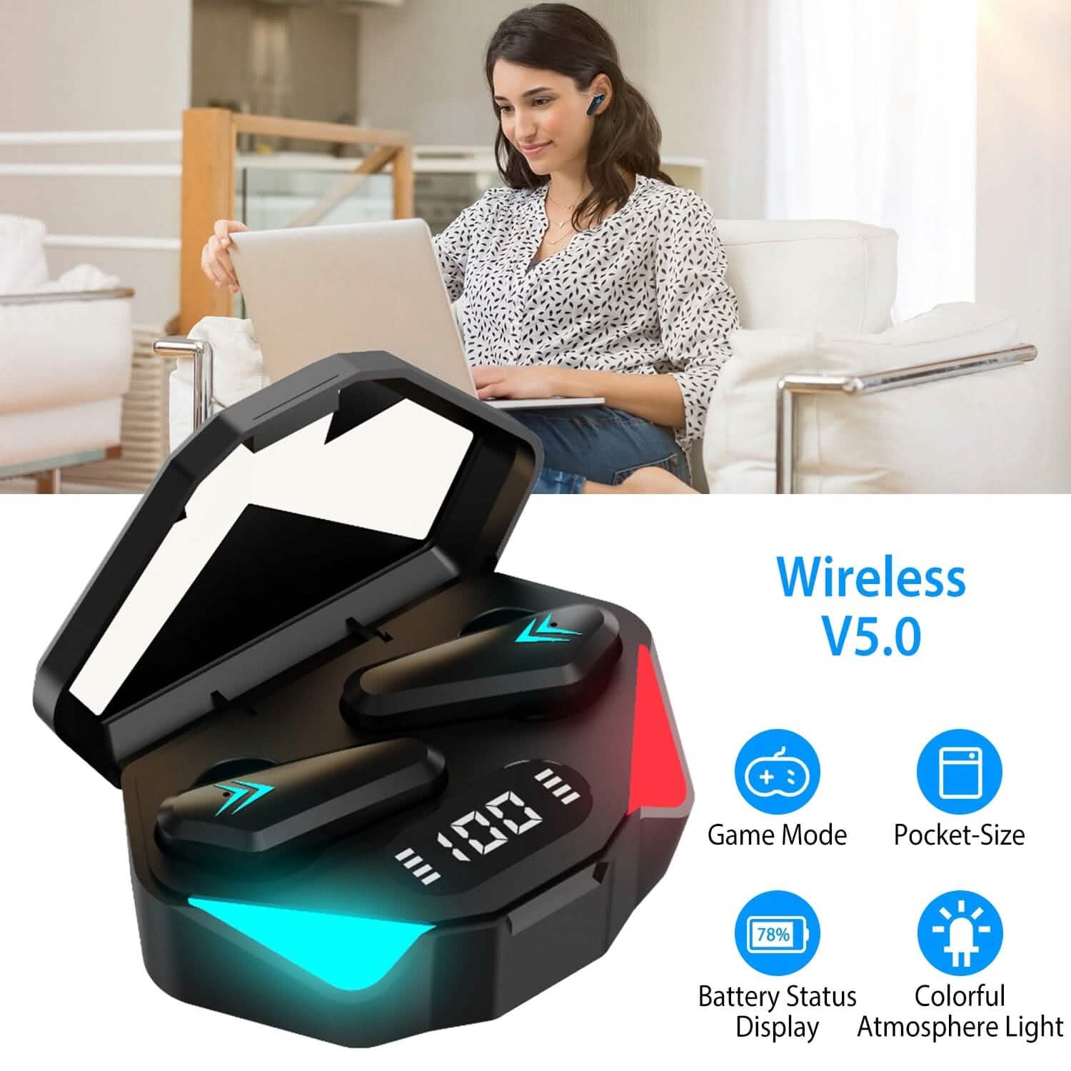 Wireless TWS 5.0 In-Ear Headphone Headset with Charging Case Low Latency Game Mode Headphones - Tophatter Daily Deals