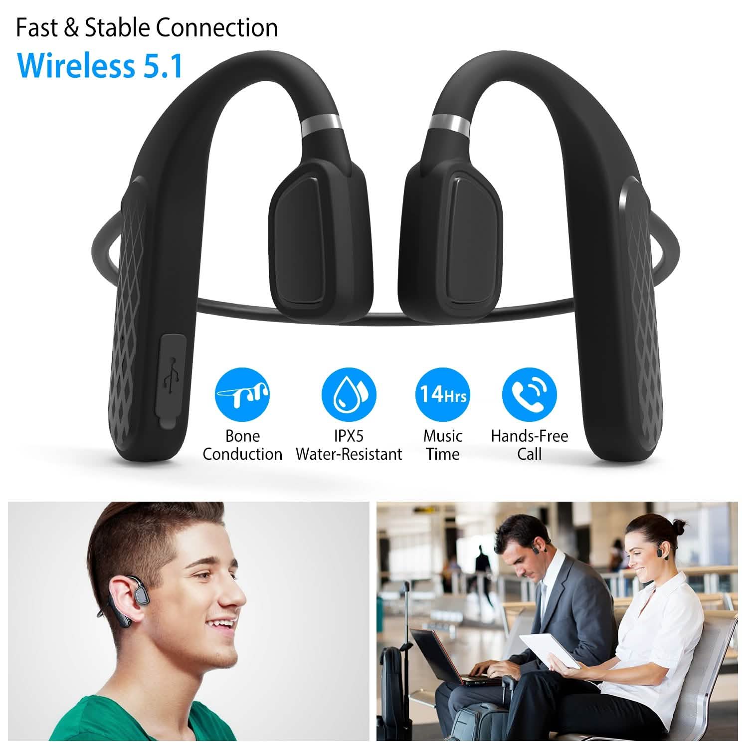 Wireless V5.1 Open-Ear Bone Conduction Earphones Headphones - Tophatter Daily Deals