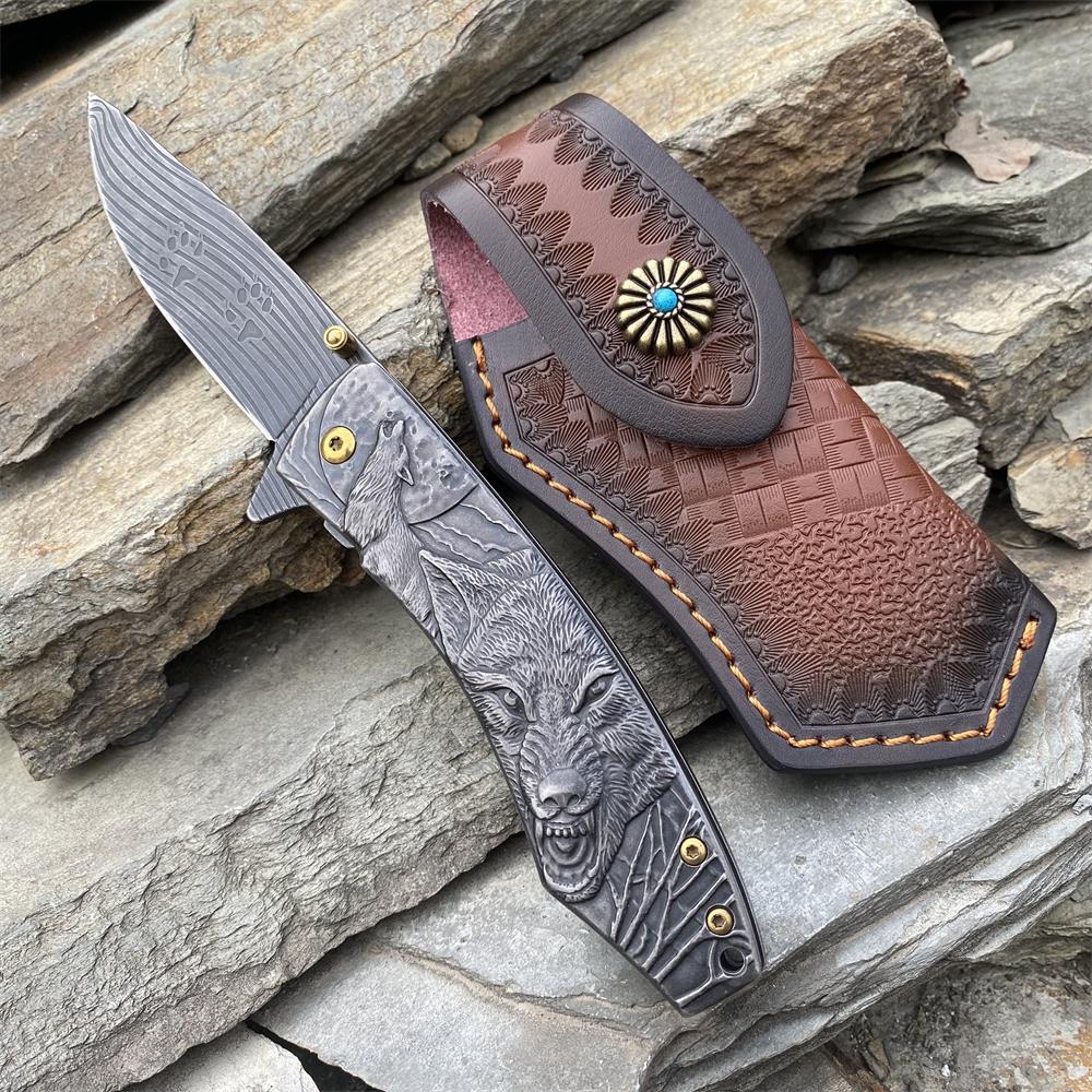 Wolf Head Relief Folding Knife Knife & Case - Tophatter Daily Deals