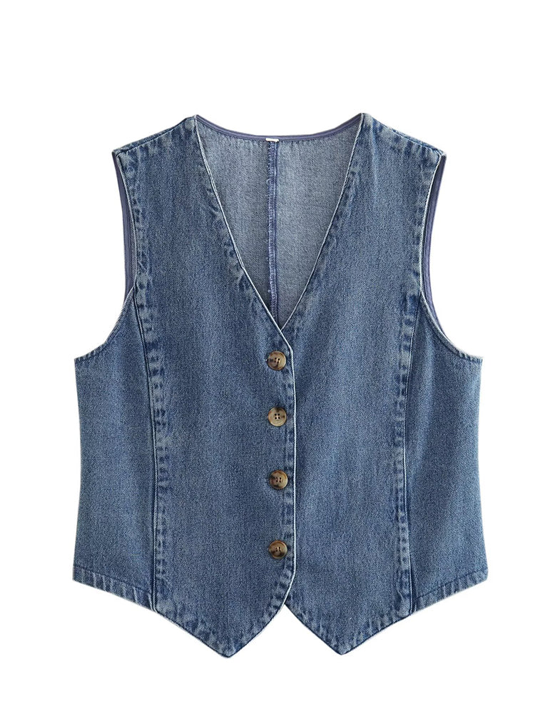 Women Blue Denim Waistcoat Blouses - Tophatter Daily Deals