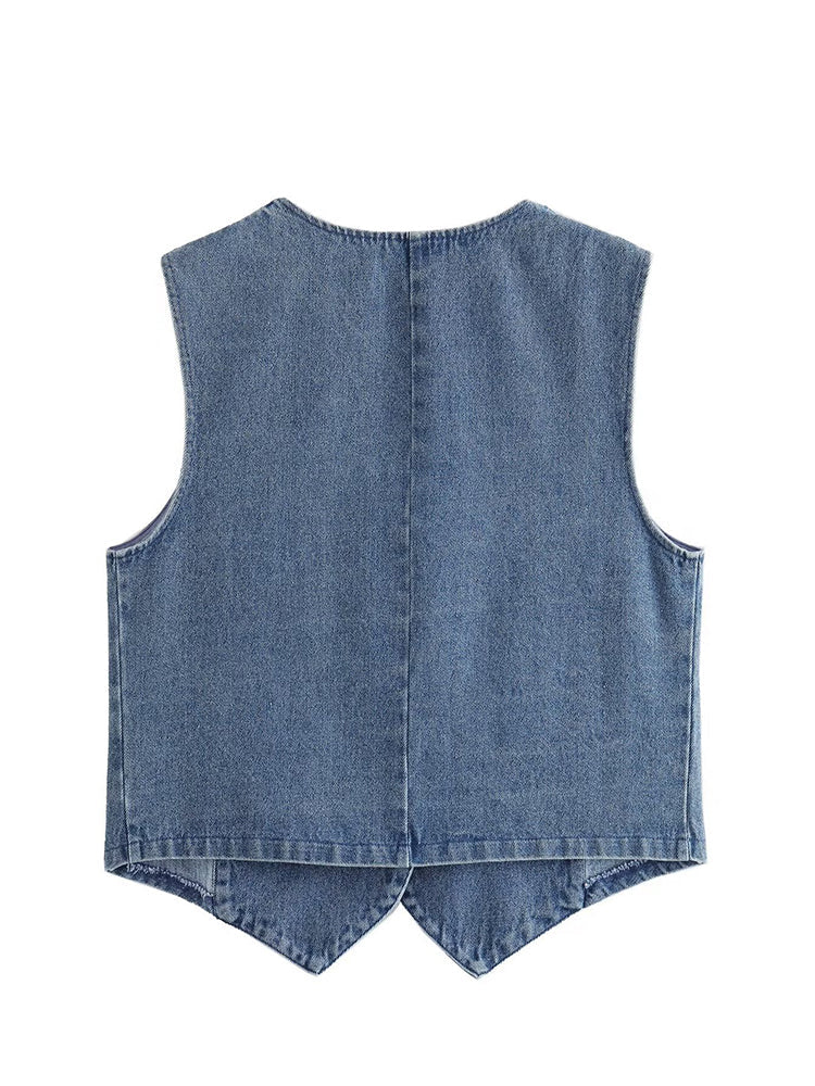 Women Blue Denim Waistcoat Blouses - Tophatter Daily Deals