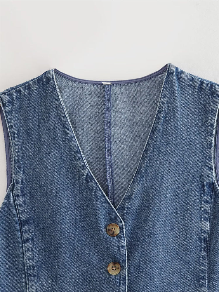 Women Blue Denim Waistcoat Blouses - Tophatter Daily Deals