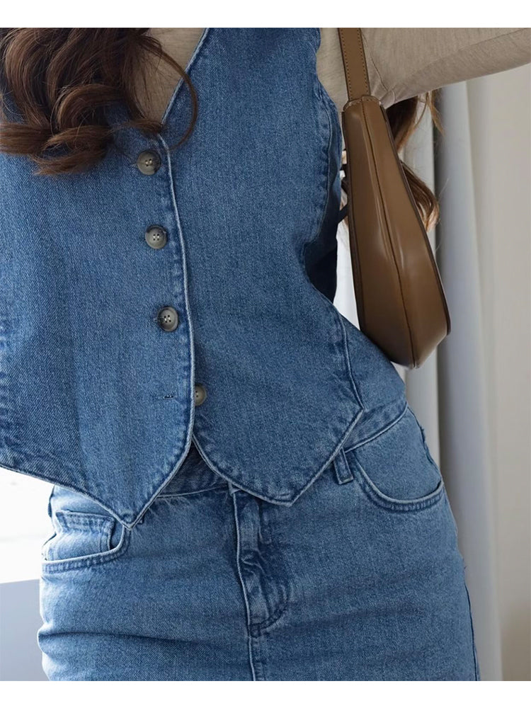 Women Blue Denim Waistcoat Blouses - Tophatter Daily Deals