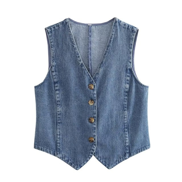 Women Blue Denim Waistcoat Blue Blouses - Tophatter Daily Deals