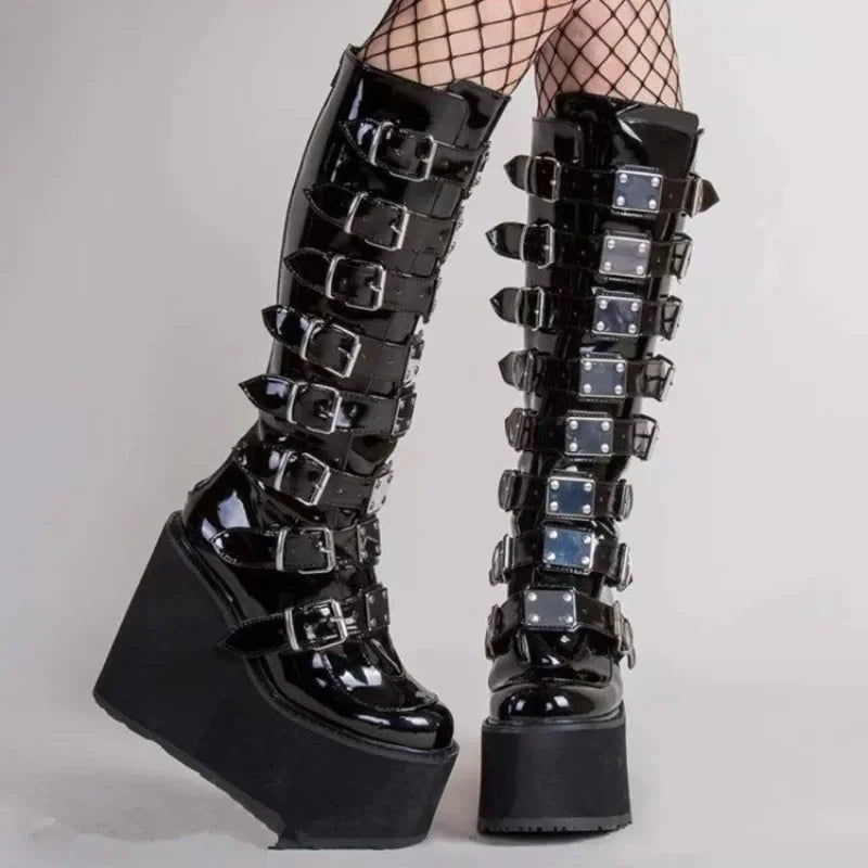 Women Boots Gothic Buckle Strap Long Tube Leather Shoes Boots - Tophatter Daily Deals