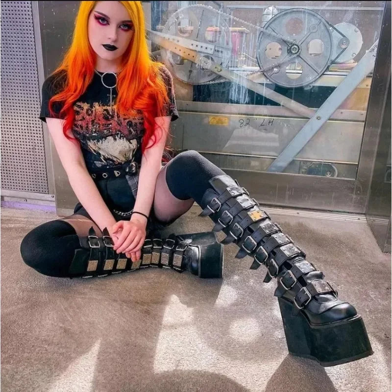 Women Boots Gothic Buckle Strap Long Tube Leather Shoes Boots - Tophatter Daily Deals