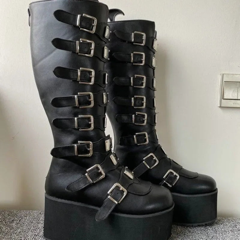 Women Boots Gothic Buckle Strap Long Tube Leather Shoes Boots - Tophatter Daily Deals