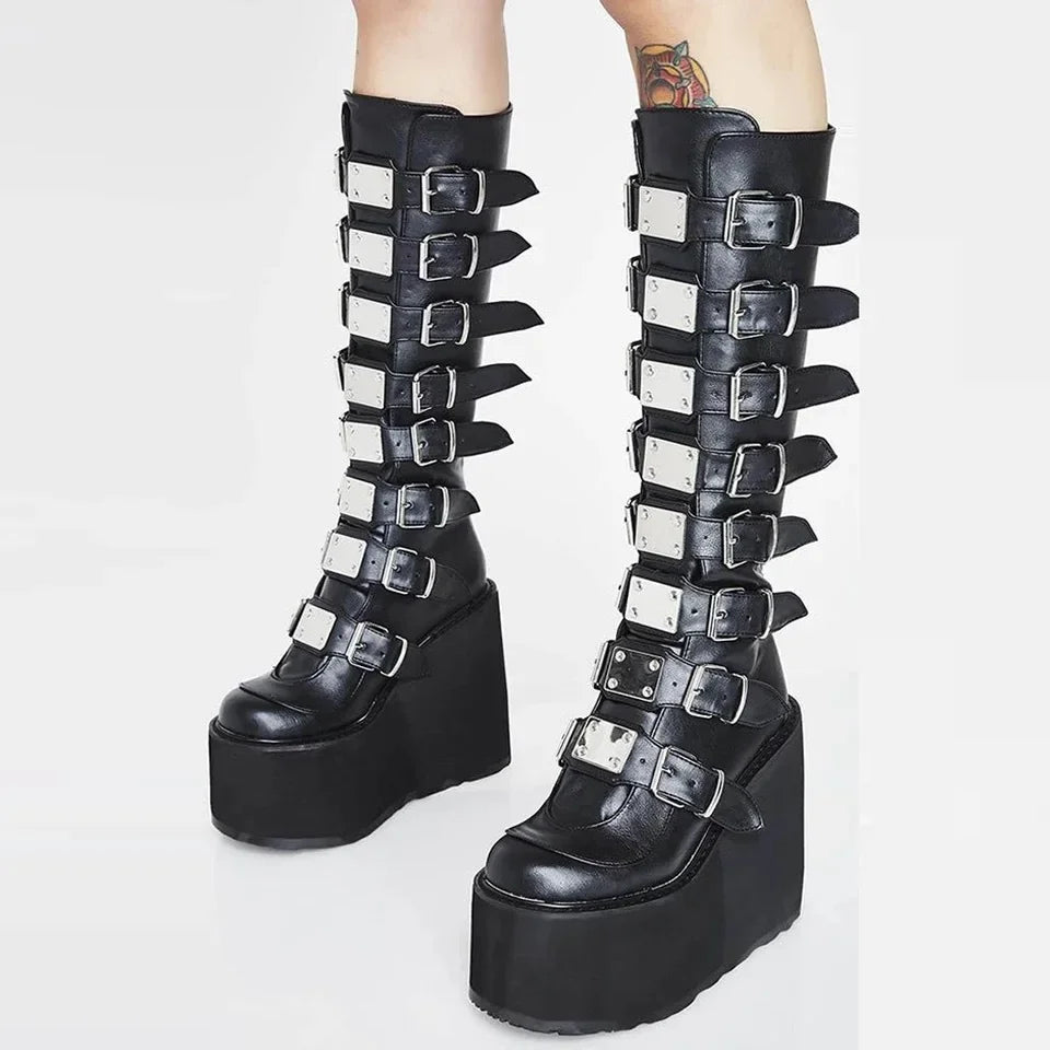 Women Boots Gothic Buckle Strap Long Tube Leather Shoes Black Matte Boots - Tophatter Daily Deals