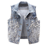 Women Denim Vest Pearls Waistcoats Coats & Jackets - Tophatter Daily Deals