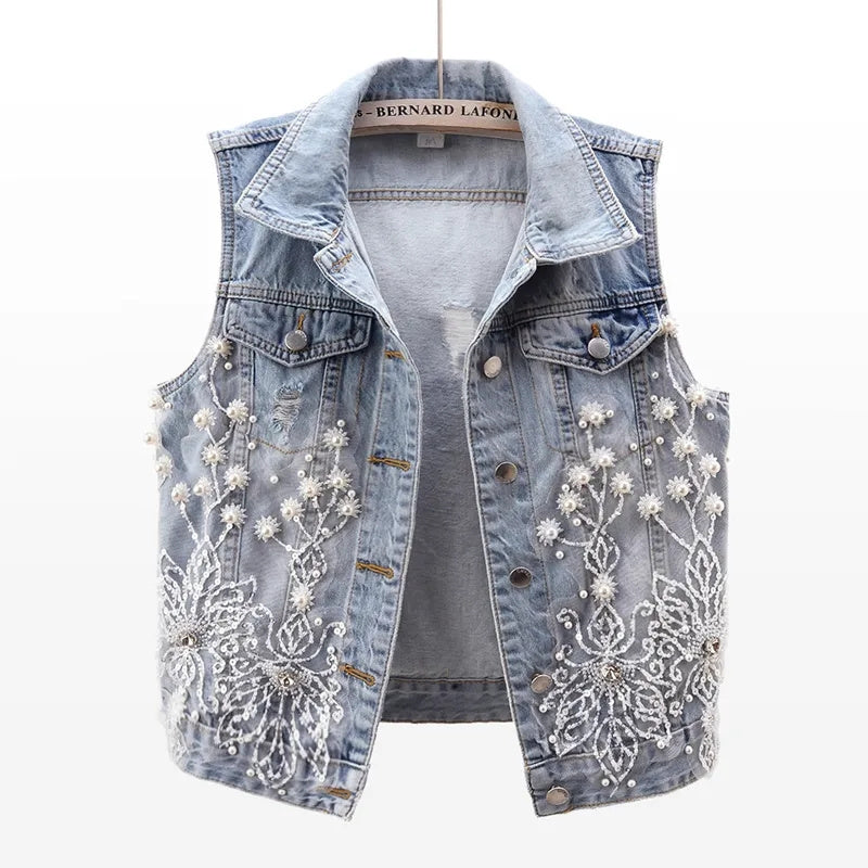 Women Denim Vest Pearls Waistcoats Coats & Jackets - Tophatter Daily Deals