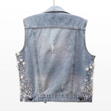 Women Denim Vest Pearls Waistcoats Coats & Jackets - Tophatter Daily Deals