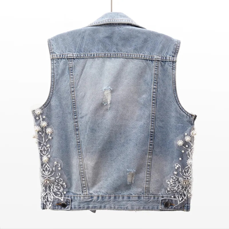 Women Denim Vest Pearls Waistcoats Coats & Jackets - Tophatter Daily Deals
