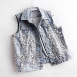 Women Denim Vest Pearls Waistcoats Coats & Jackets - Tophatter Daily Deals