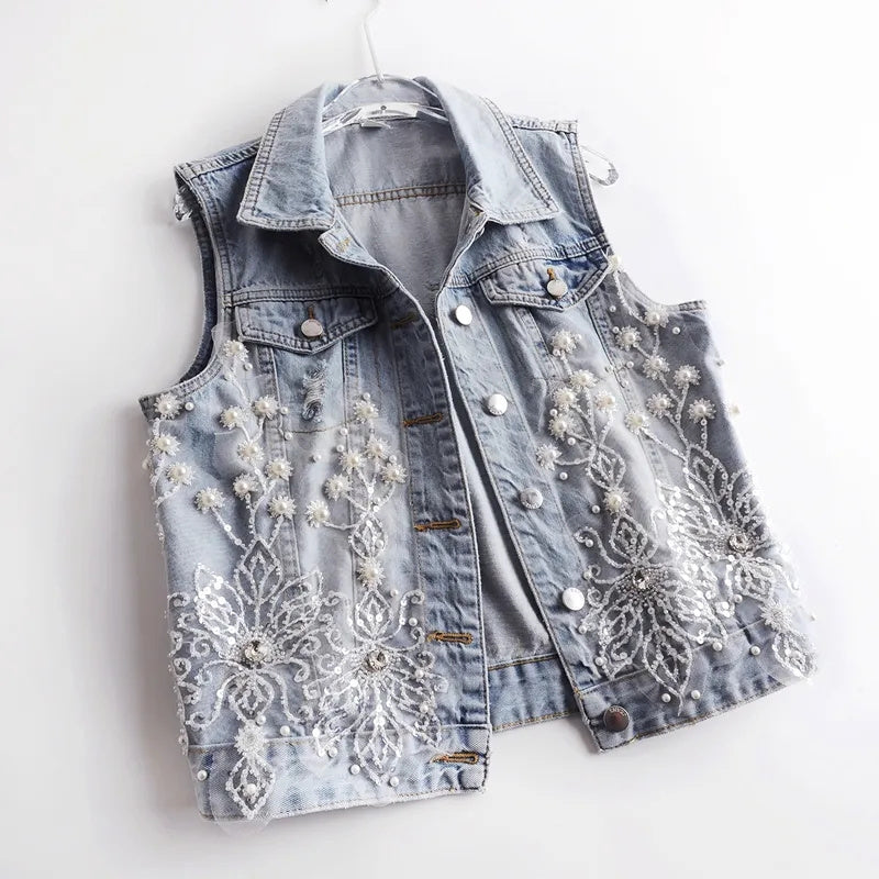 Women Denim Vest Pearls Waistcoats Coats & Jackets - Tophatter Daily Deals