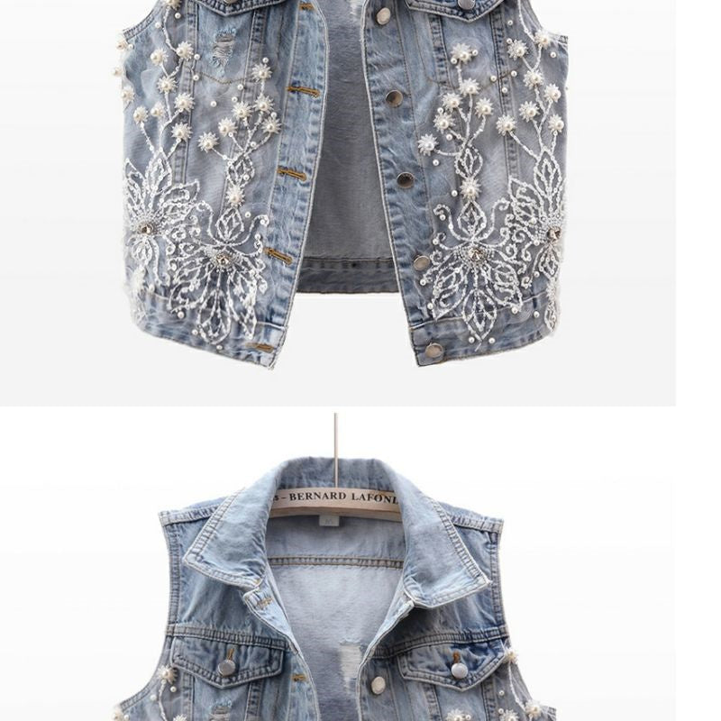 Women Denim Vest Pearls Waistcoats Coats & Jackets - Tophatter Daily Deals