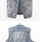 Women Denim Vest Pearls Waistcoats Coats & Jackets - Tophatter Daily Deals