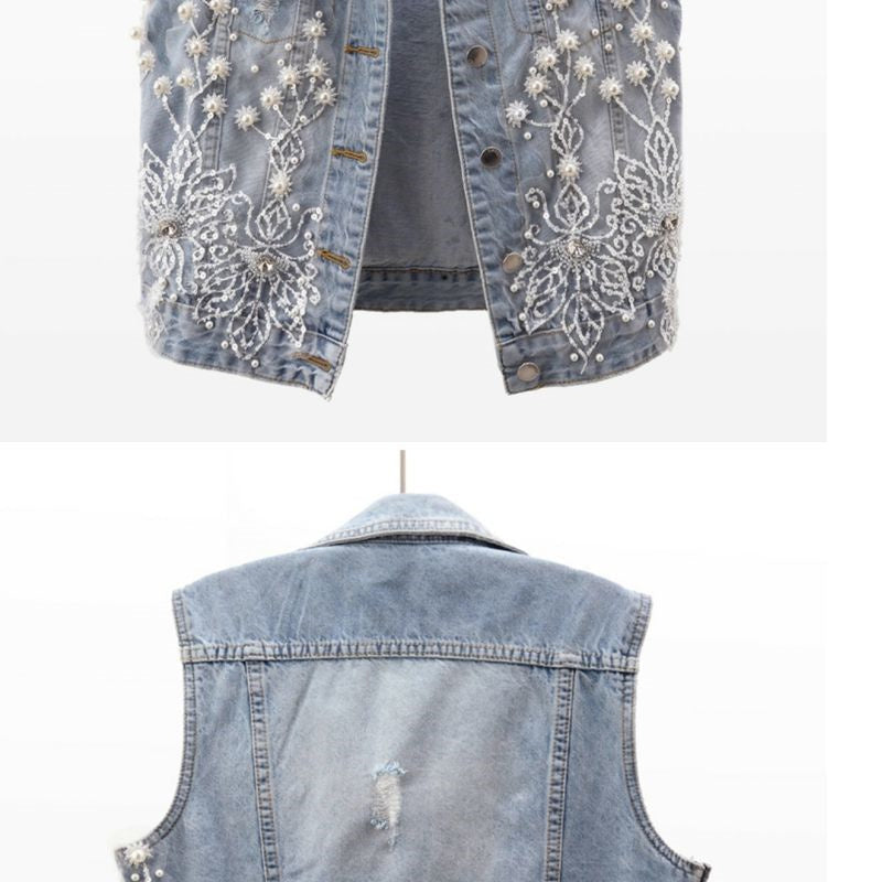 Women Denim Vest Pearls Waistcoats Coats & Jackets - Tophatter Daily Deals