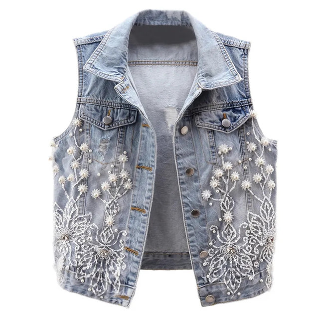 Women Denim Vest Pearls Waistcoats Blue Coats & Jackets - Tophatter Daily Deals