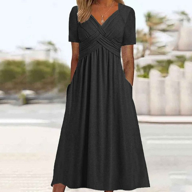 Women Elegant Office Pocket Loose Dress Black Midi Dresses - Tophatter Daily Deals