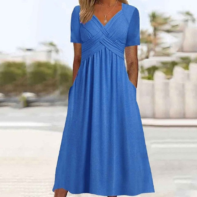 Women Elegant Office Pocket Loose Dress Blue Midi Dresses - Tophatter Daily Deals