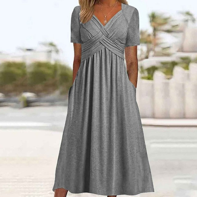 Women Elegant Office Pocket Loose Dress Grey Midi Dresses - Tophatter Daily Deals