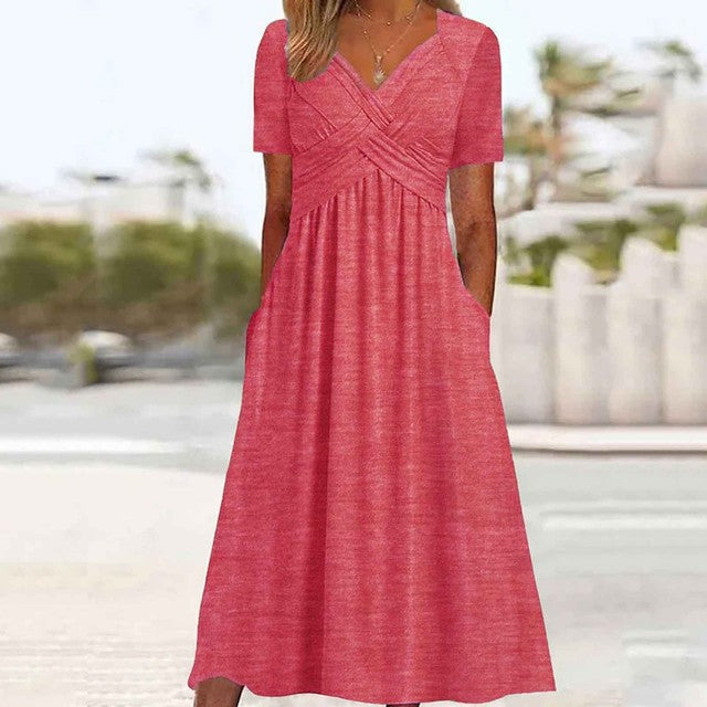 Women Elegant Office Pocket Loose Dress Red Midi Dresses - Tophatter Daily Deals