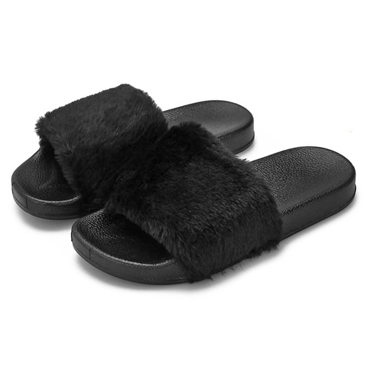 Women Faux Fur Slippers Open Toe Black Women's Shoes - Tophatter Daily Deals