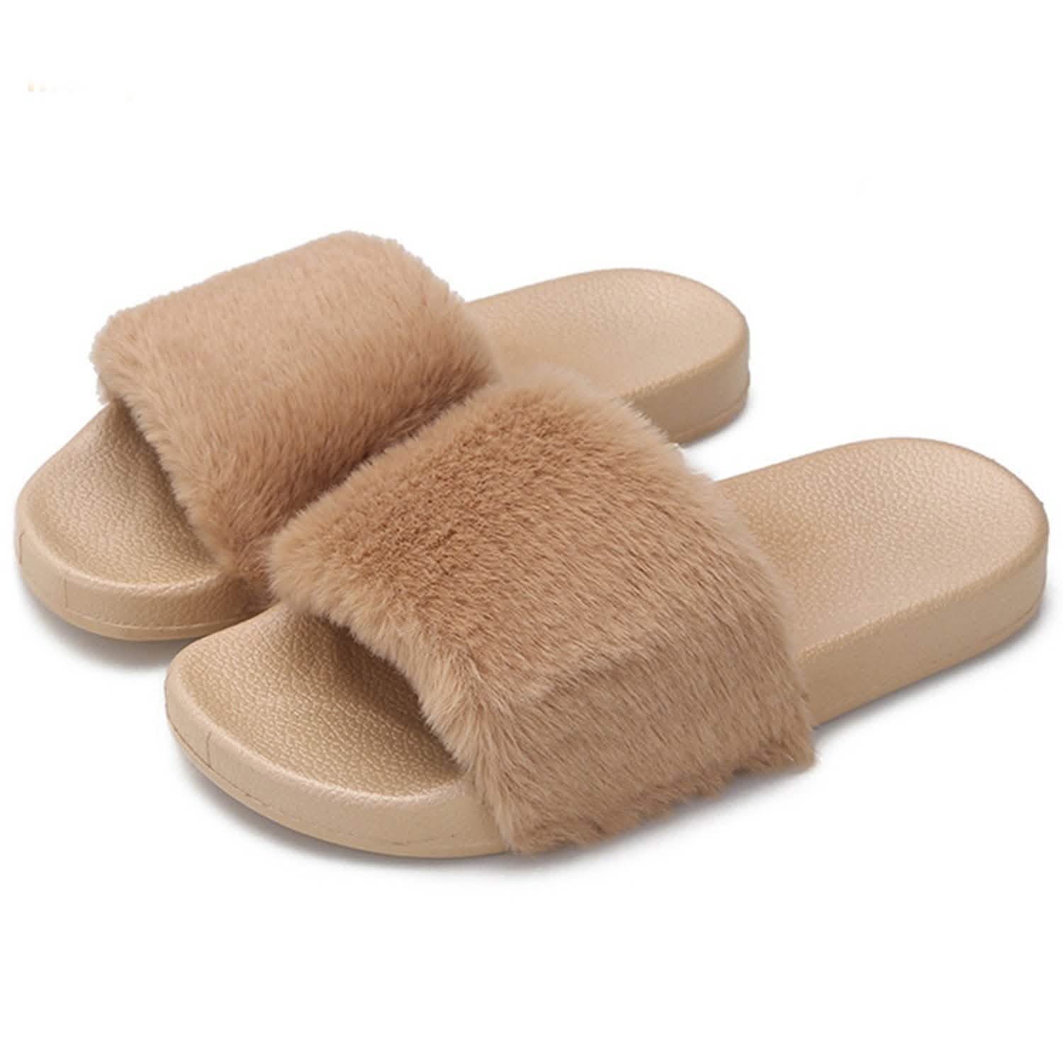 Women Faux Fur Slippers Open Toe Coffee Women's Shoes - Tophatter Daily Deals