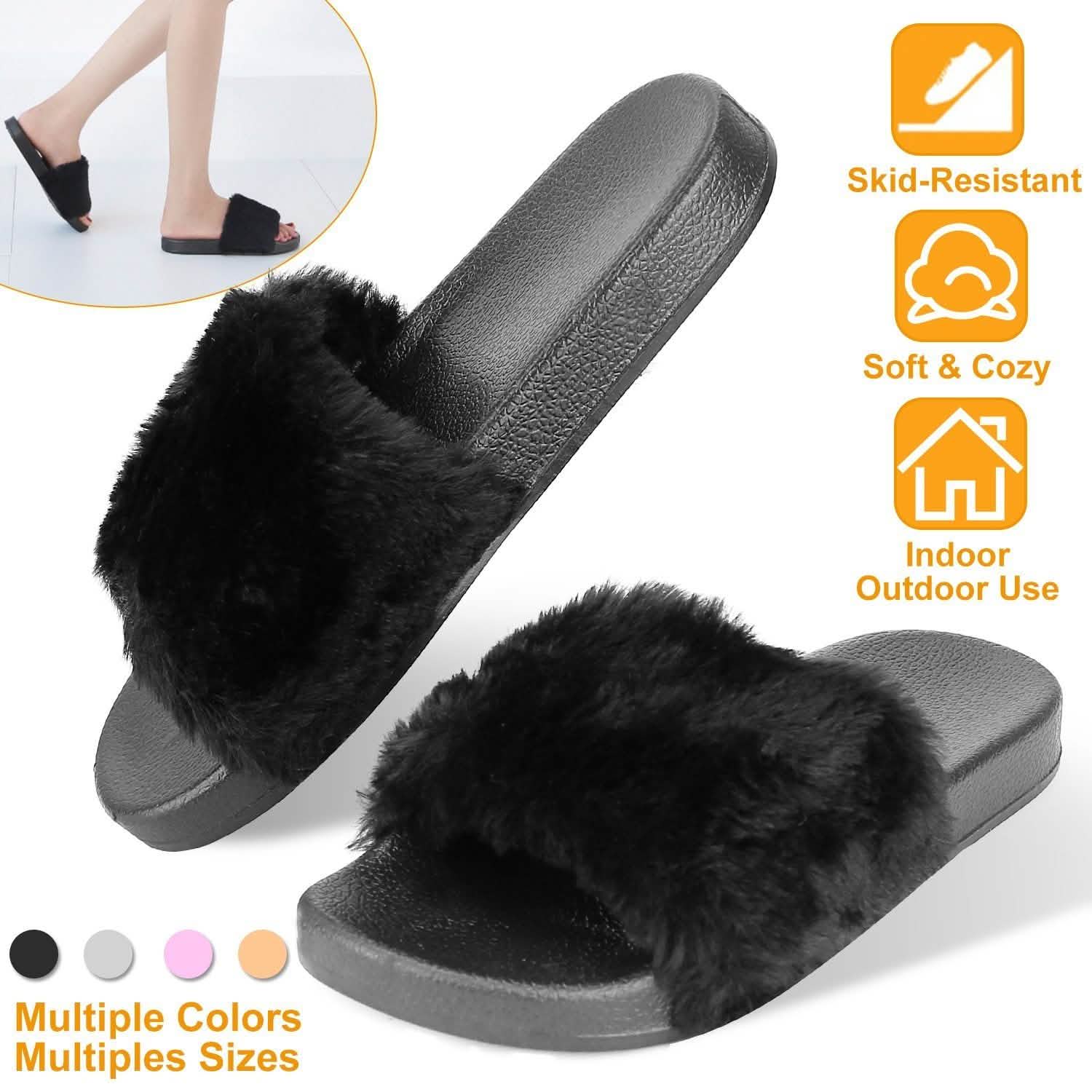 Women Faux Fur Slippers Open Toe Women's Shoes - Tophatter Daily Deals