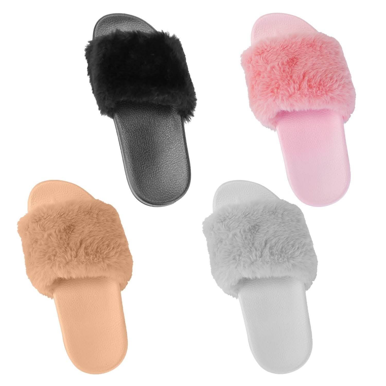 Women Faux Fur Slippers Open Toe Women's Shoes - Tophatter Daily Deals