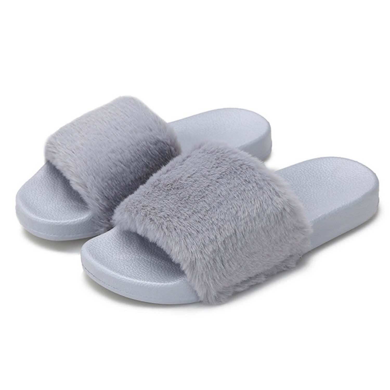 Women Faux Fur Slippers Open Toe Gray Women's Shoes - Tophatter Daily Deals