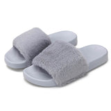 Women Faux Fur Slippers Open Toe Gray Women's Shoes - Tophatter Daily Deals