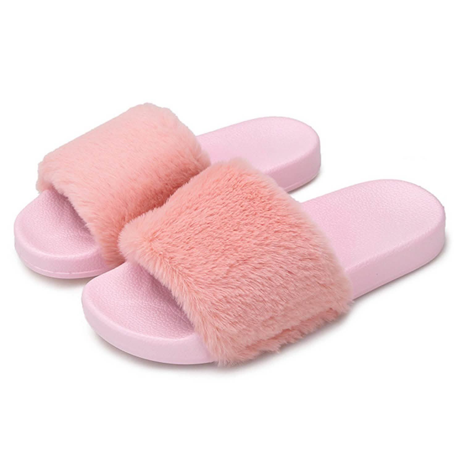Women Faux Fur Slippers Open Toe Pink Women's Shoes - Tophatter Daily Deals