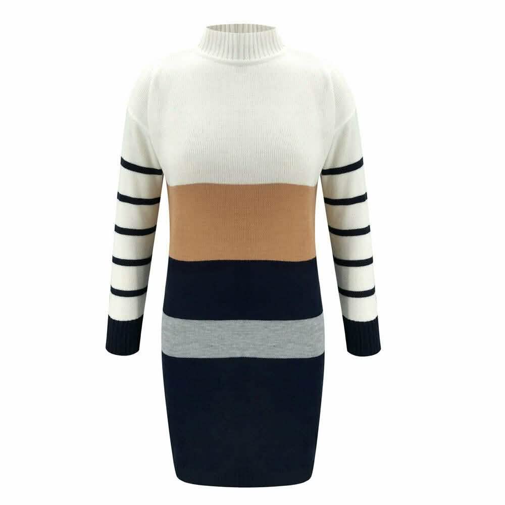 Women Knit Cowl Turtleneck Stripe Sweater Dress Long Sleeve Pullover Mini Dress Women's Dresses - Tophatter Daily Deals