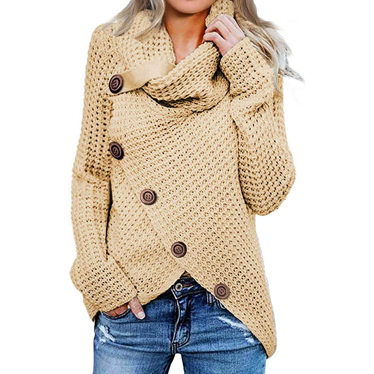 Women Long Sleeve Asymmetric Wrap Pullover Sweater Jumper Tops Beige Women's Tops - Tophatter Daily Deals