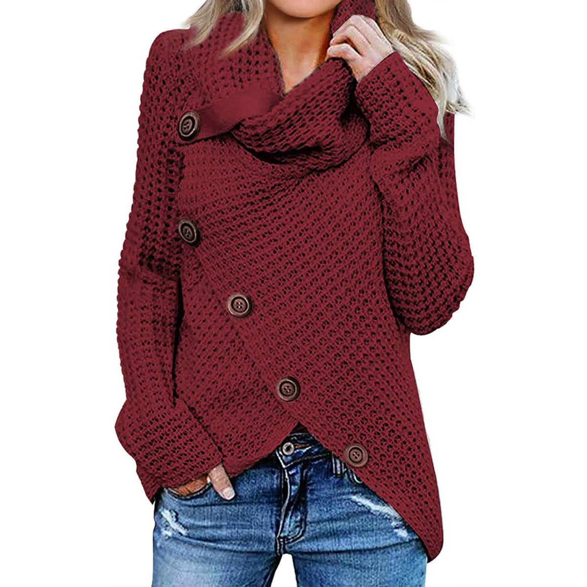 Women Long Sleeve Asymmetric Wrap Pullover Sweater Jumper Tops Red Women's Tops - Tophatter Daily Deals