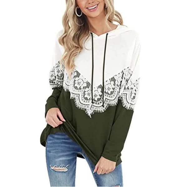 Women Long Sleeve Lace Hoodies Army Green Women's Tops - Tophatter Daily Deals