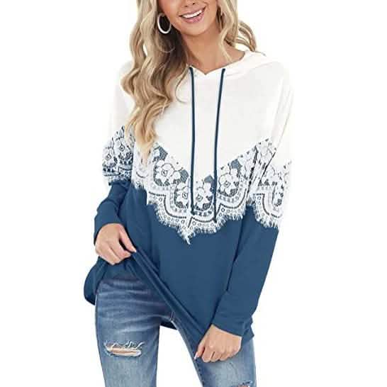 Women Long Sleeve Lace Hoodies Blue Women's Tops - Tophatter Daily Deals