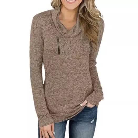 Women Long Sleeve V-Neck Size Zipper Collar Pullover Tunic Tops Brown Women's Tops - Tophatter Daily Deals
