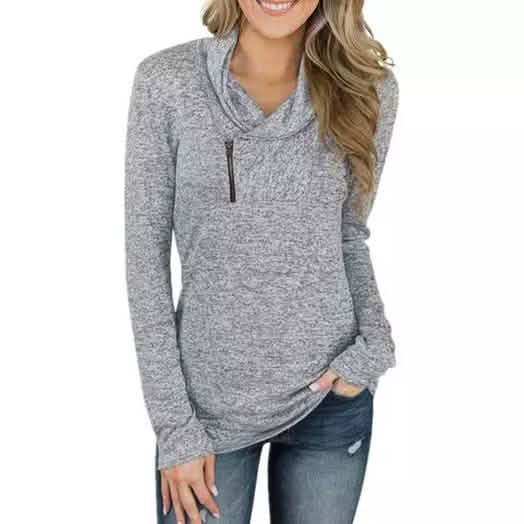 Women Long Sleeve V-Neck Size Zipper Collar Pullover Tunic Tops Gray Women's Tops - Tophatter Daily Deals