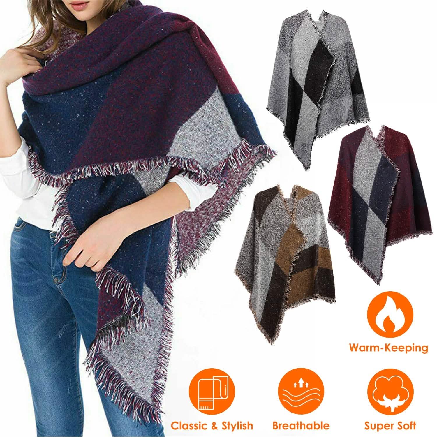 Women Long Soft Knitted Shawl Extra Thick Plaid Blanket Wrap Cape Women's Outerwear - Tophatter Daily Deals