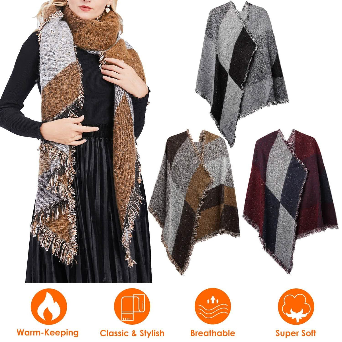 Women Long Soft Knitted Shawl Extra Thick Plaid Blanket Wrap Cape Women's Outerwear - Tophatter Daily Deals