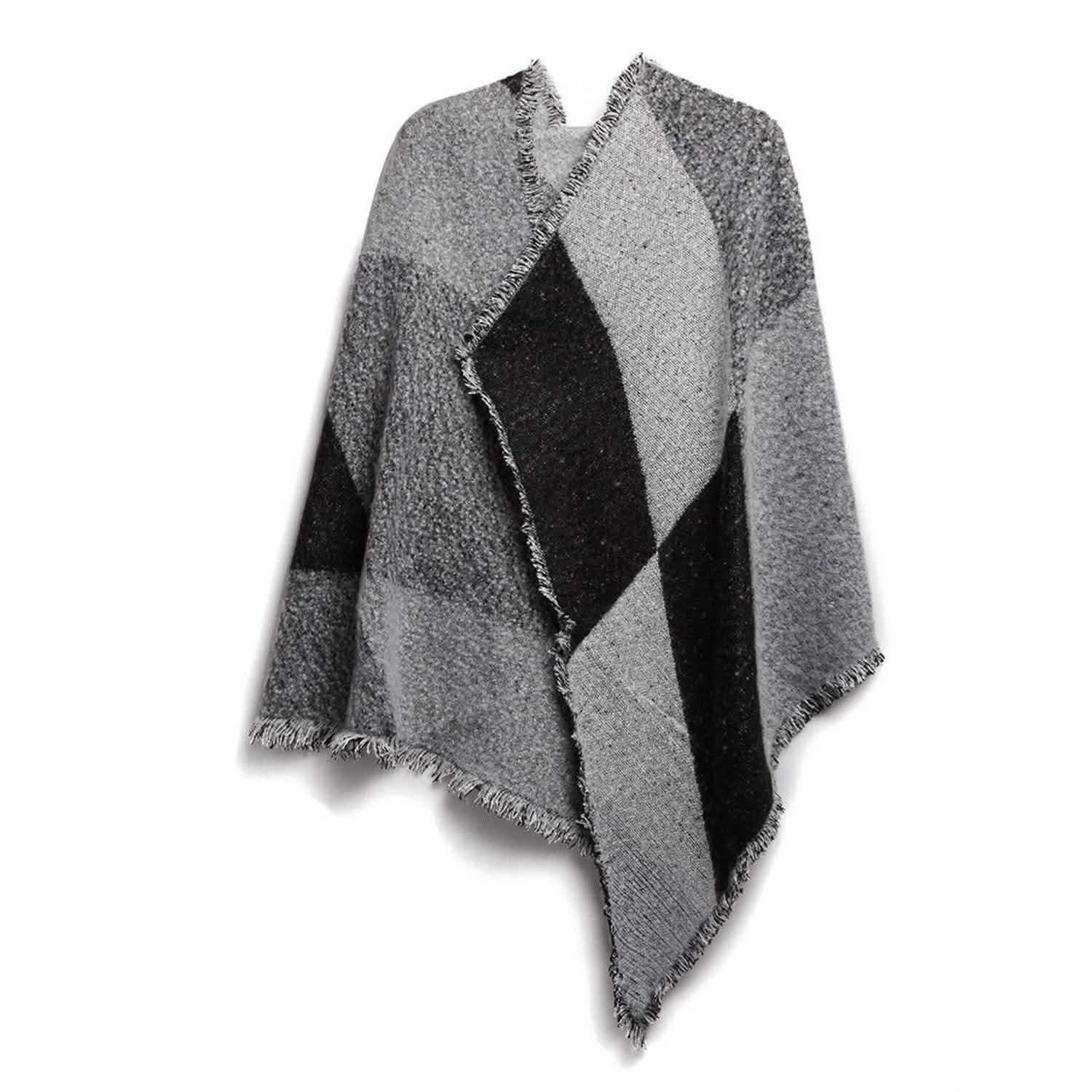 Women Long Soft Knitted Shawl Extra Thick Plaid Blanket Wrap Cape Gray Women's Outerwear - Tophatter Daily Deals