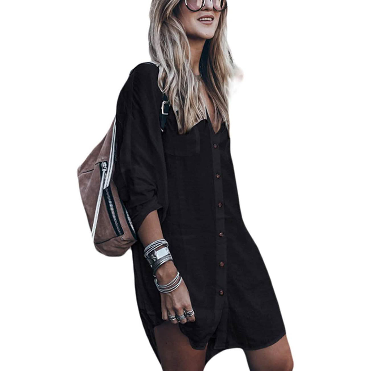 Women Loose Long Sleeve Swimsuit Cover Ups Button Down Beach Shirt Black Women's Swimwear - Tophatter Daily Deals