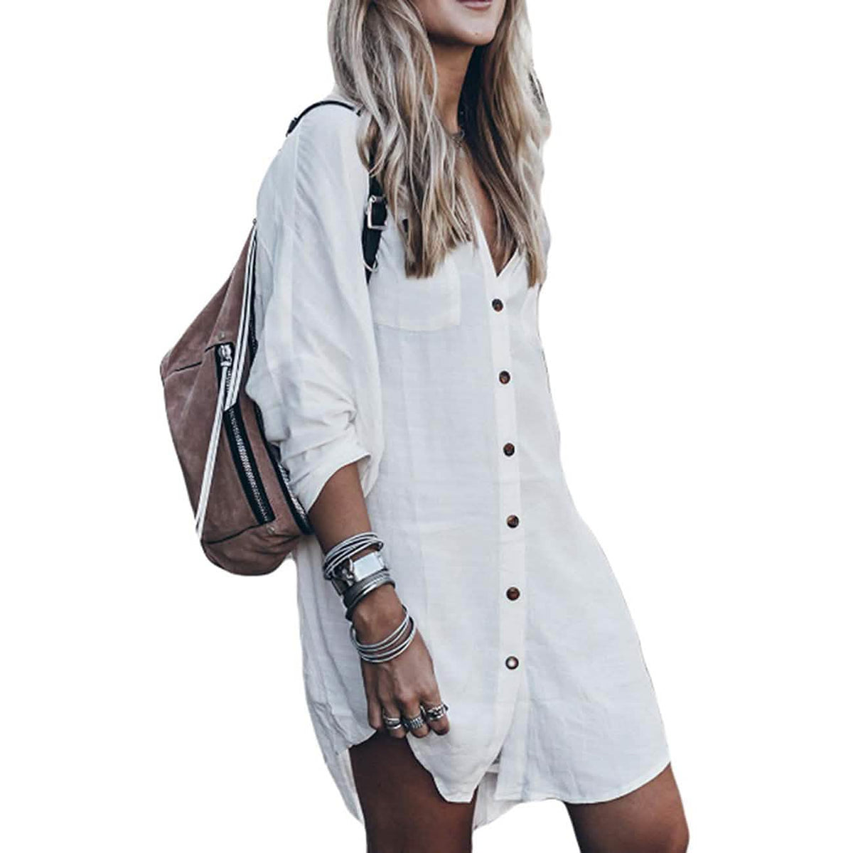 Women Loose Long Sleeve Swimsuit Cover Ups Button Down Beach Shirt White Women's Swimwear - Tophatter Daily Deals