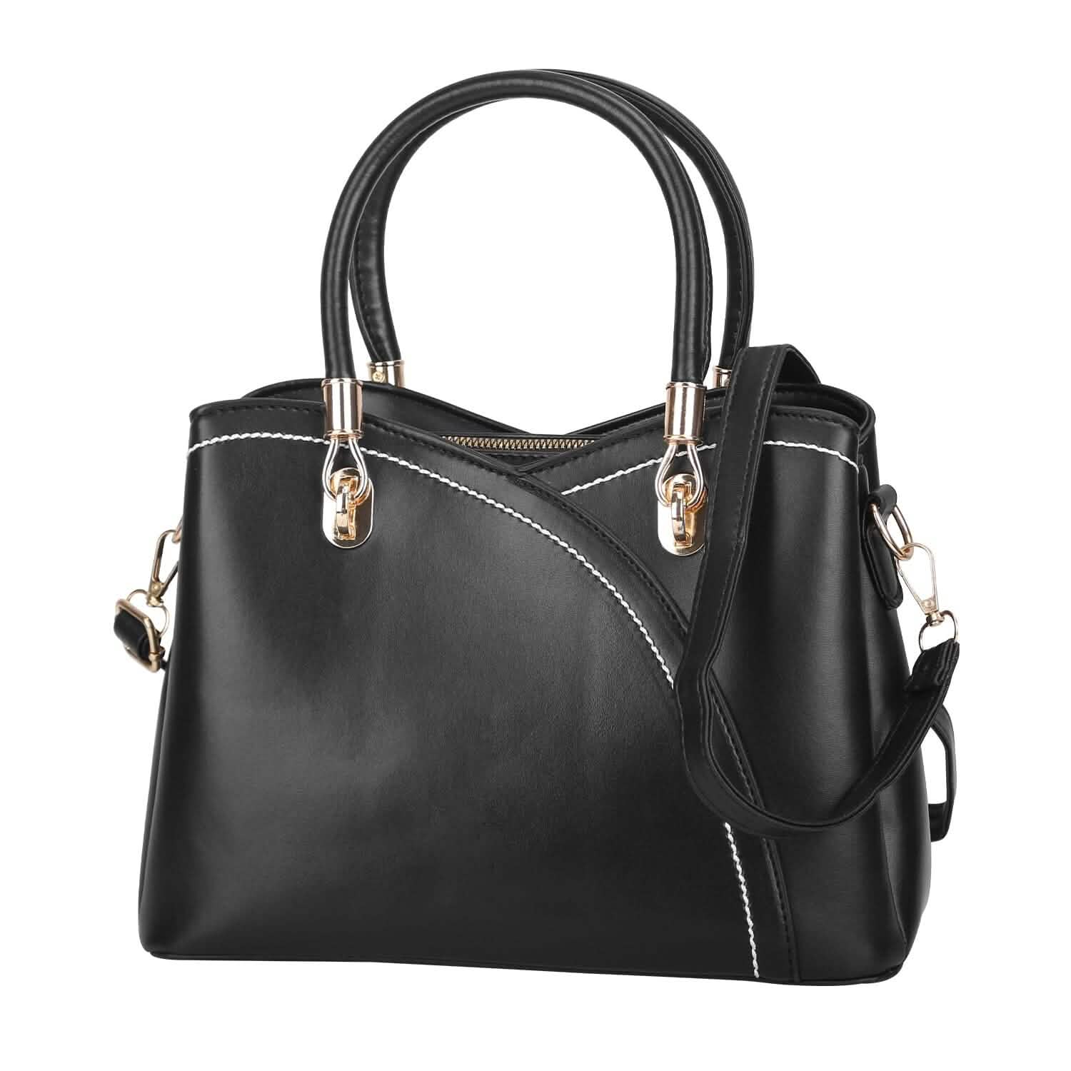 Women Medium Sized Leather Satchel Crossbody Bag with Stylish Stitching Detachable Strap Black Handbags & Wallets - Tophatter Daily Deals