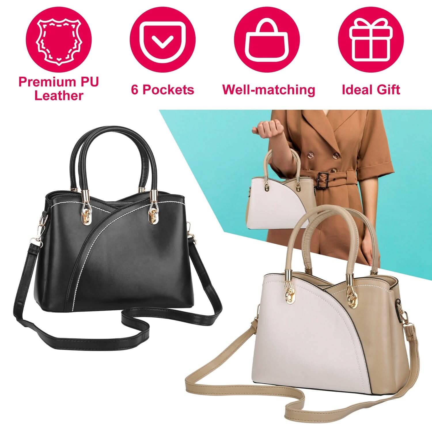 Women Medium Sized Leather Satchel Crossbody Bag with Stylish Stitching Detachable Strap Handbags & Wallets - Tophatter Daily Deals