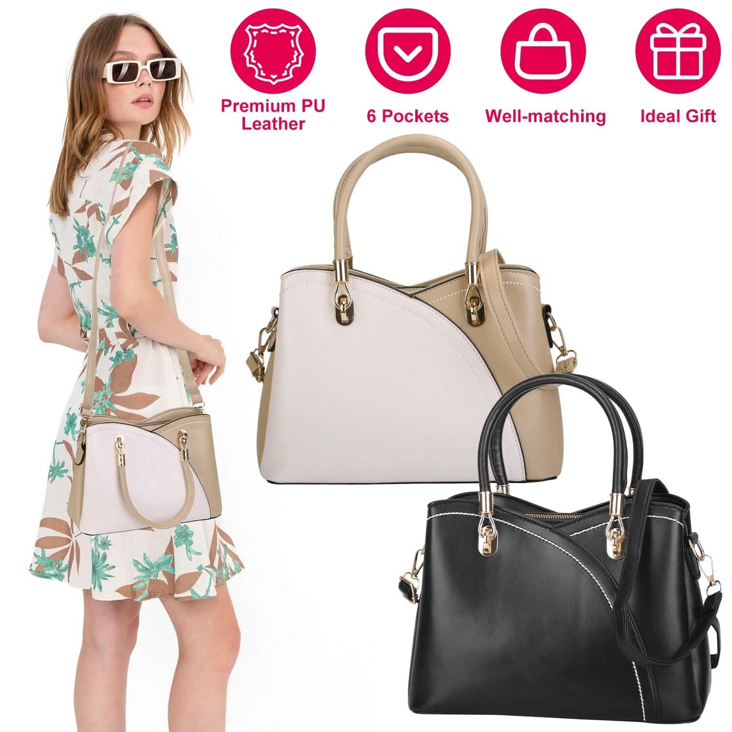 Women Medium Sized Leather Satchel Crossbody Bag with Stylish Stitching Detachable Strap Handbags & Wallets - Tophatter Daily Deals