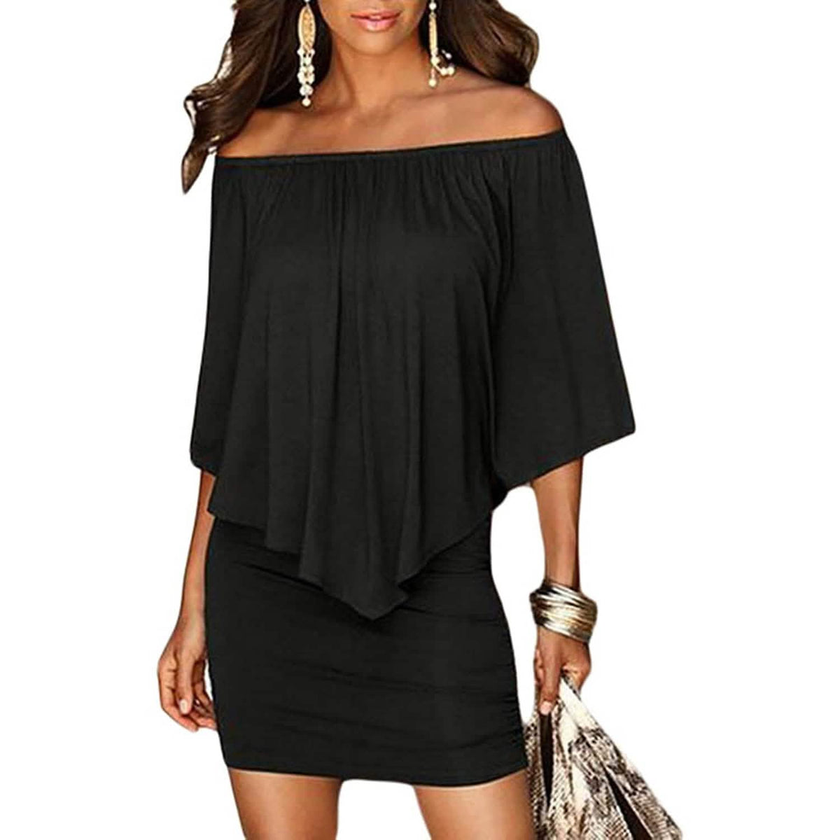 Women Off Shoulder Ruffles Bodycon Mini Dress Black Women's Dresses - Tophatter Daily Deals