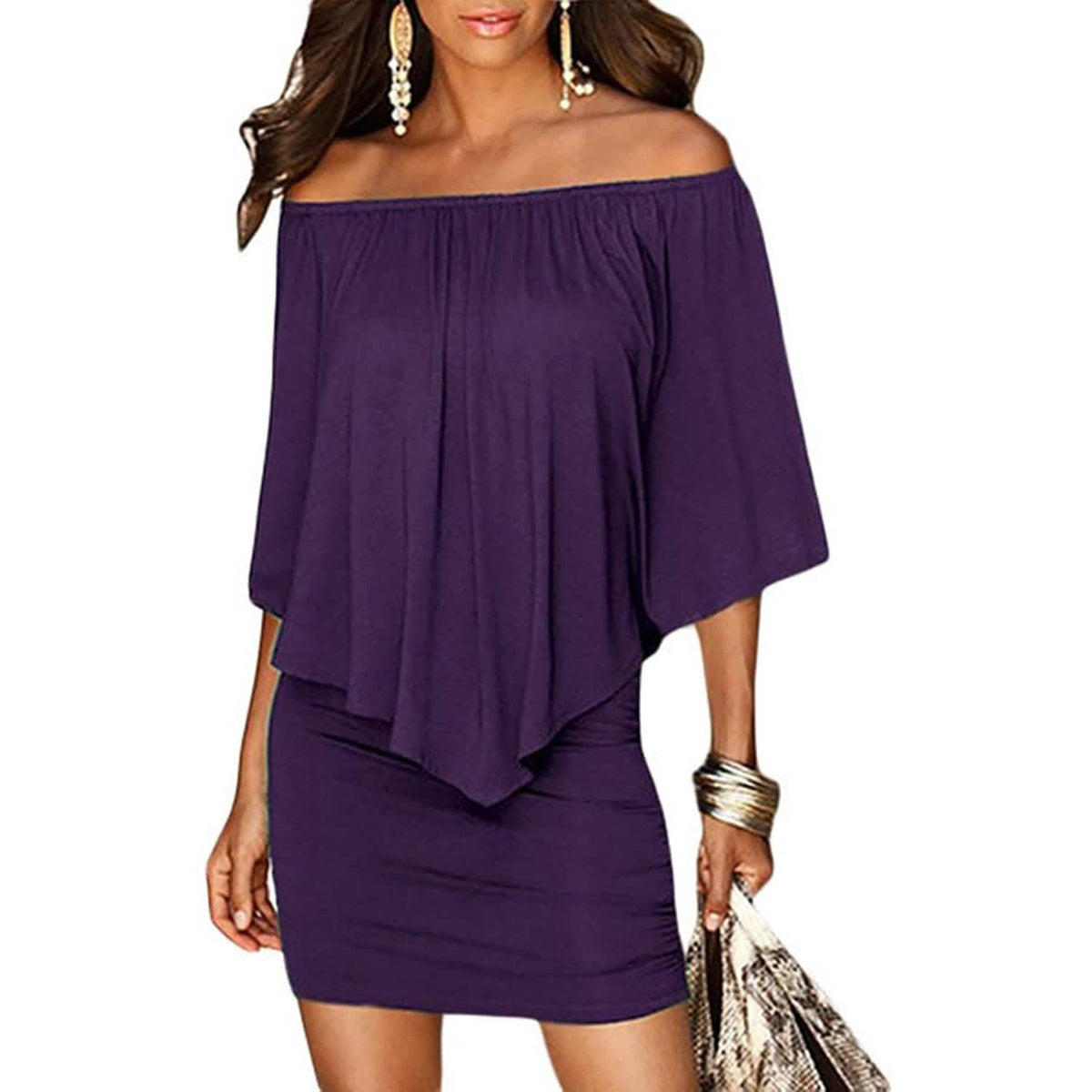 Women Off Shoulder Ruffles Bodycon Mini Dress Purple Women's Dresses - Tophatter Daily Deals